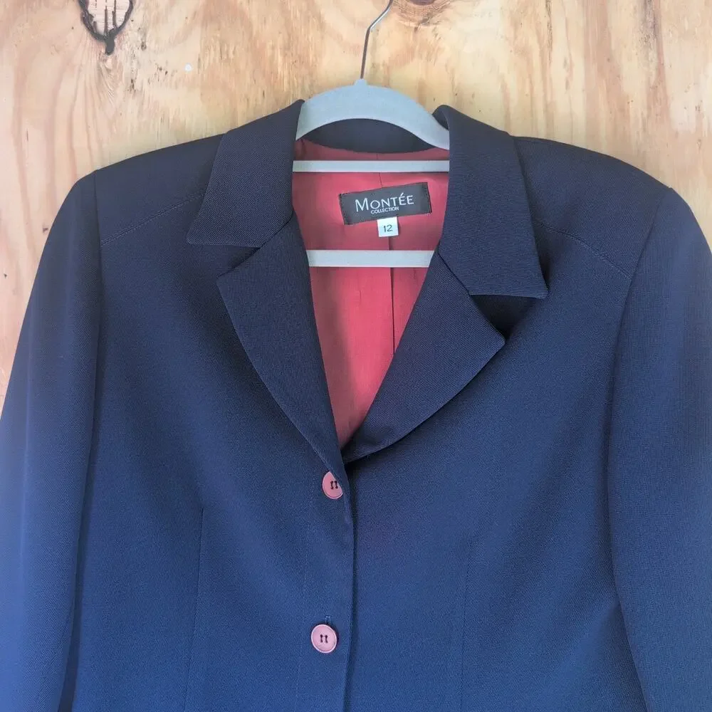 Vintage Montee Collection 3 Button Navy Skirt Suit Blazer Women's 12 (Fits 10)